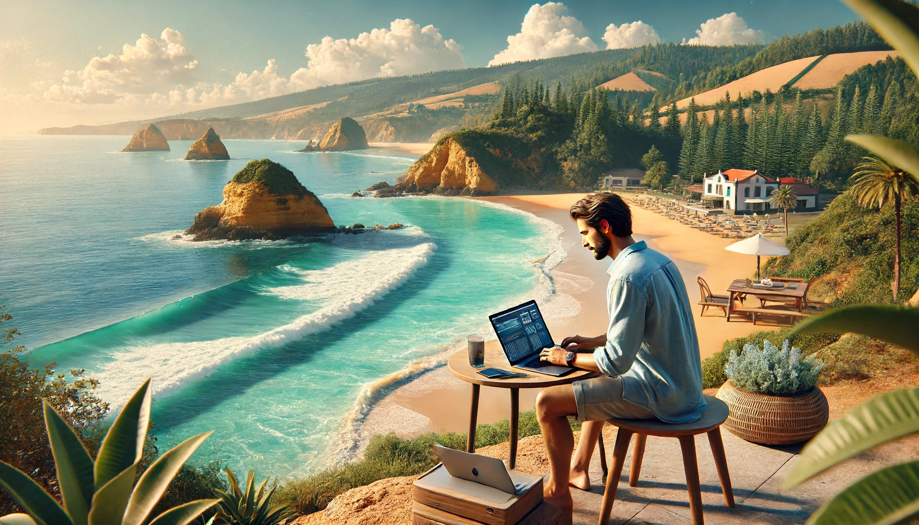 A digital nomad working on a laptop by a picturesque Portuguese coastline with vibrant blue waters, a sandy beach, and lush greenery in the background.