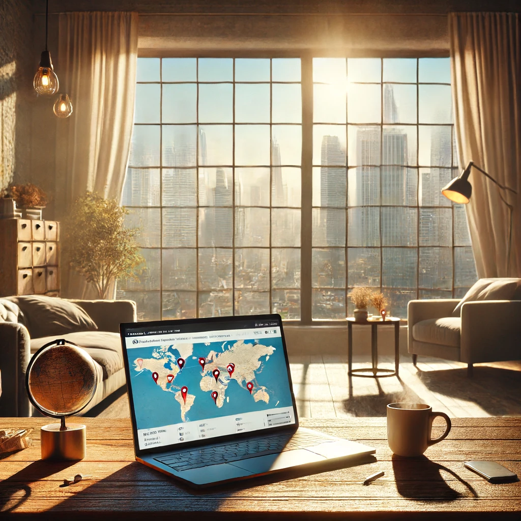 Hyper-realistic 8K ultra-HD digital artwork of a cozy, sunlit living room with a large window overlooking a beautiful cityscape. A laptop open on a table displays a world map with pins marking different countries and cities where remote work is thriving. A cup of coffee, a comfortable armchair, and a potted plant create a serene and liberating atmosphere.