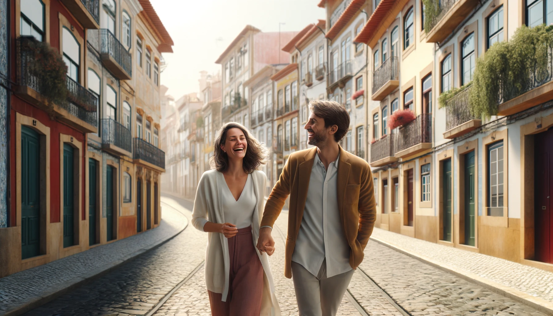 A couple in their mid-30s walking along a cobblestone street in a charming Portuguese town, holding hands and laughing, with colorful buildings featuring traditional Portuguese architecture in the background.