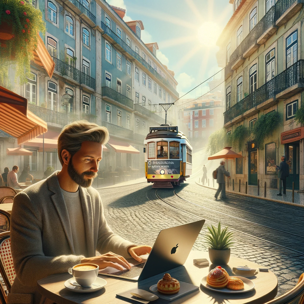 Self-Employed Visa. A digital nomad sits in a sunlit café in Lisbon, working on a laptop with a cup of coffee and a Portuguese pastry, as a historical tram passes by on a cobbled street, embodying the tranquil yet vibrant spirit of Portugal.