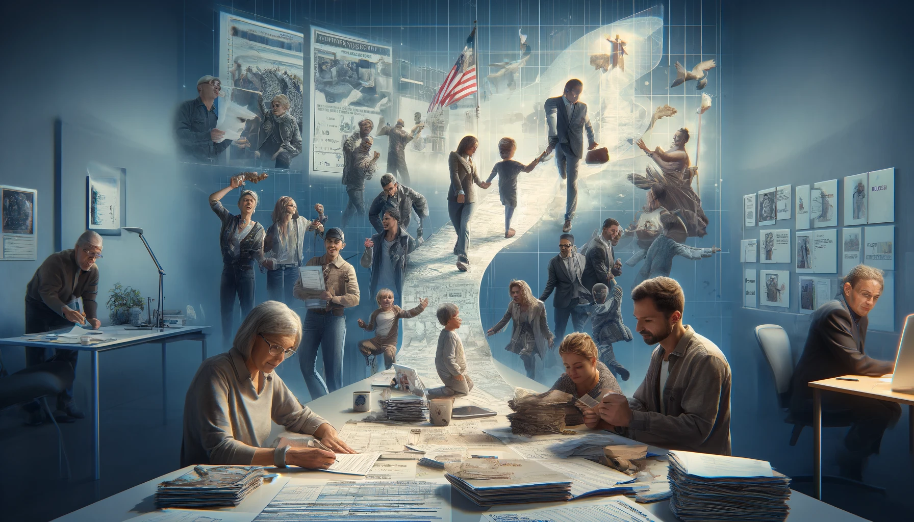 A realistic montage image depicting a family overcoming challenges together through the family reunification process, highlighting determination and resilience
