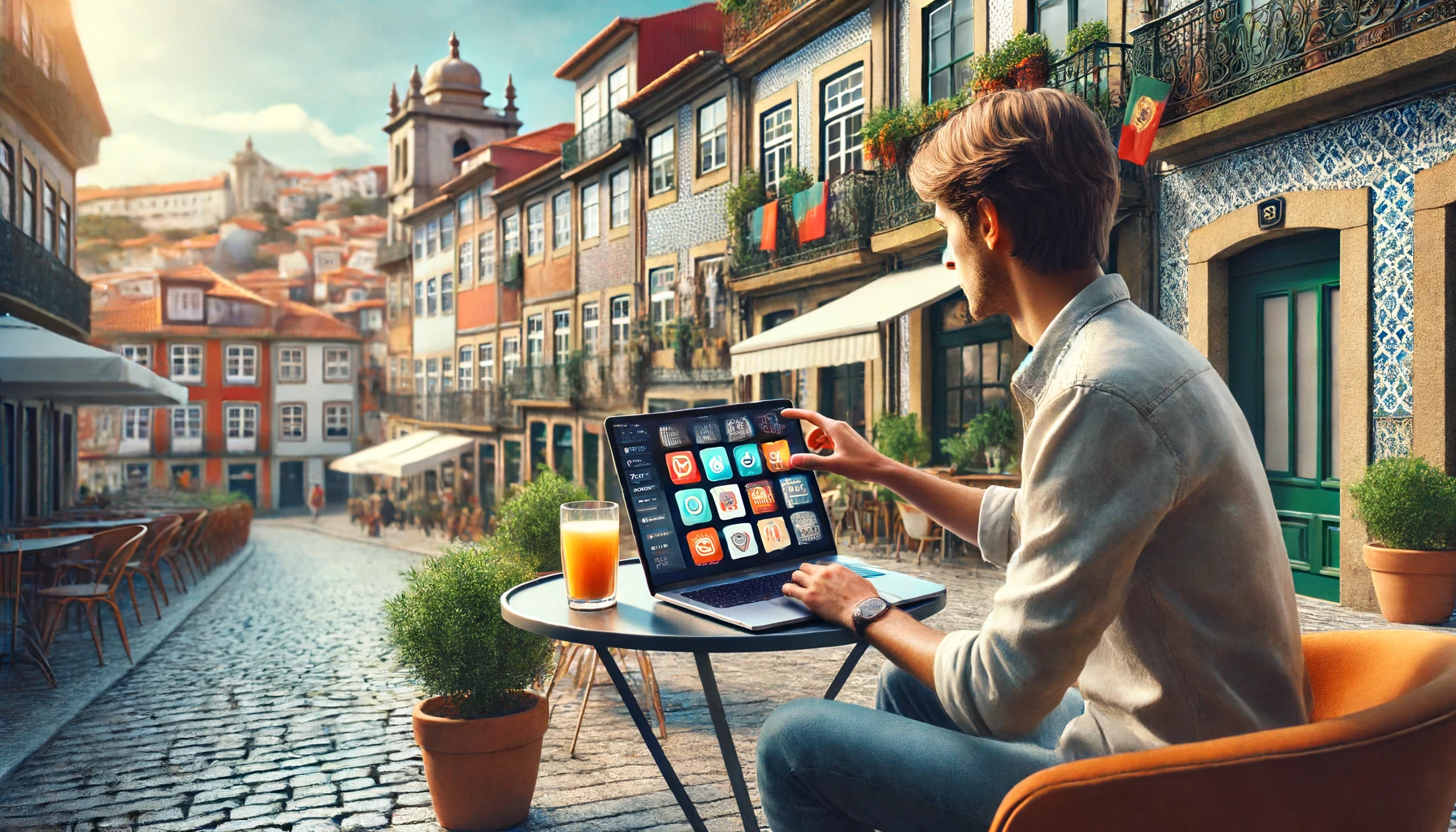 A young entrepreneur showcasing a mobile app on their laptop, sitting in a picturesque outdoor cafe in Porto with cobblestone streets and colorful buildings in the background.