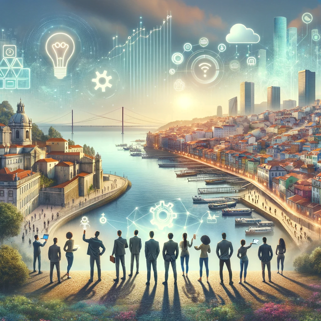 A vibrant depiction of entrepreneurs in Portugal, blending iconic landscapes with symbols of startup innovation and digital progress, evoking a sense of hope and optimism.