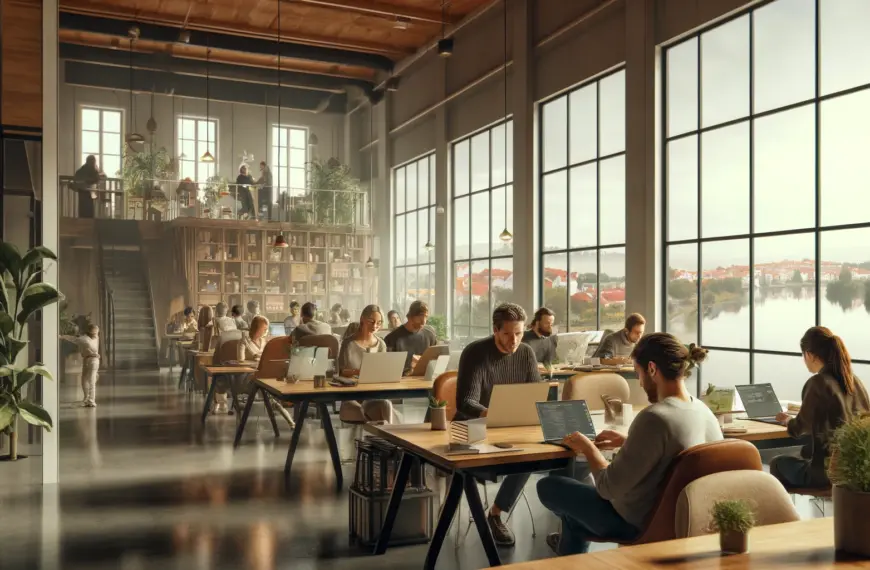 A diverse group of entrepreneurs and freelancers working on their laptops in a modern Portuguese coworking space with large windows showing a picturesque suburban environment, evoking a sense of hope and calmness.