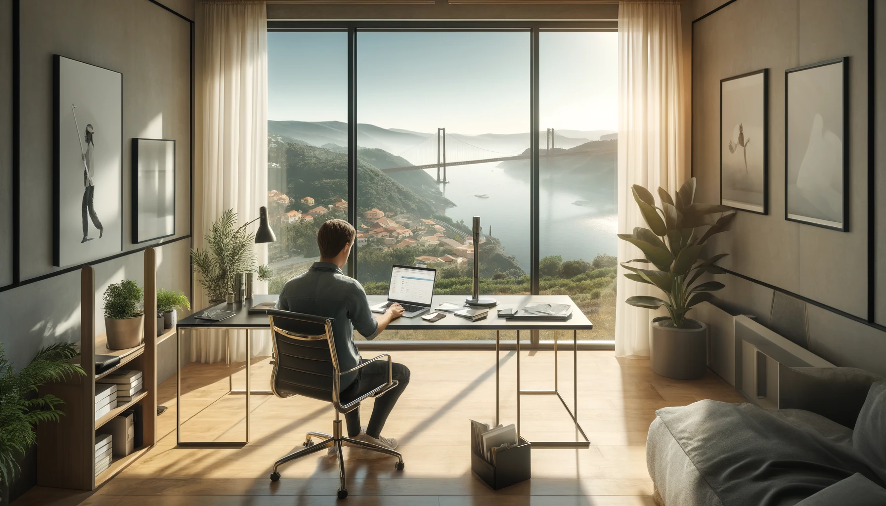 Modern high-tech workspace with a panoramic view of Portugal's coastline or countryside, embodying the lifestyle of working remotely.
