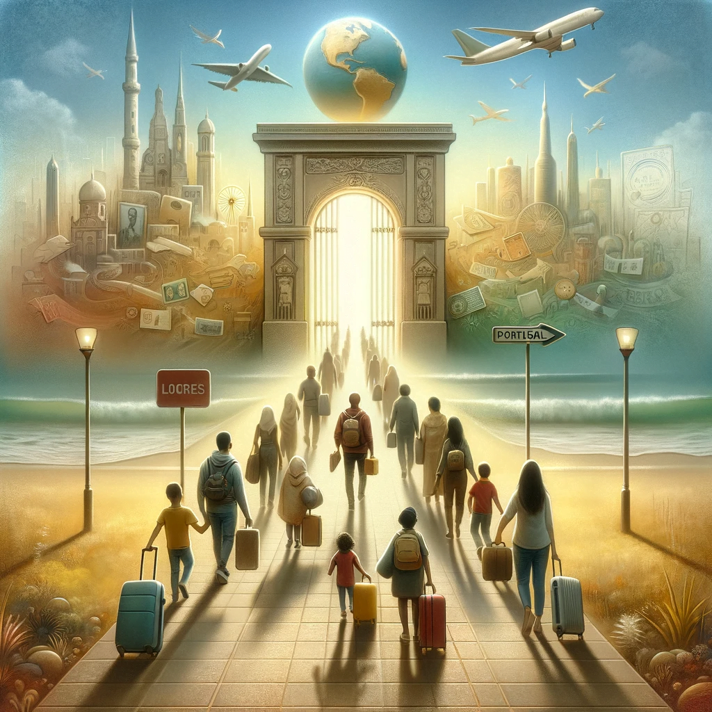 Digital artwork showcasing 'The Journey Begins,' with diverse families on a path to a bright gate symbolizing Portugal. The scene includes a subtle globe, iconic landmarks, and travel symbols, set in a palette of hope and calmness, embodying tranquility and optimism for families seeking the Portugal Family Reunification Visa.