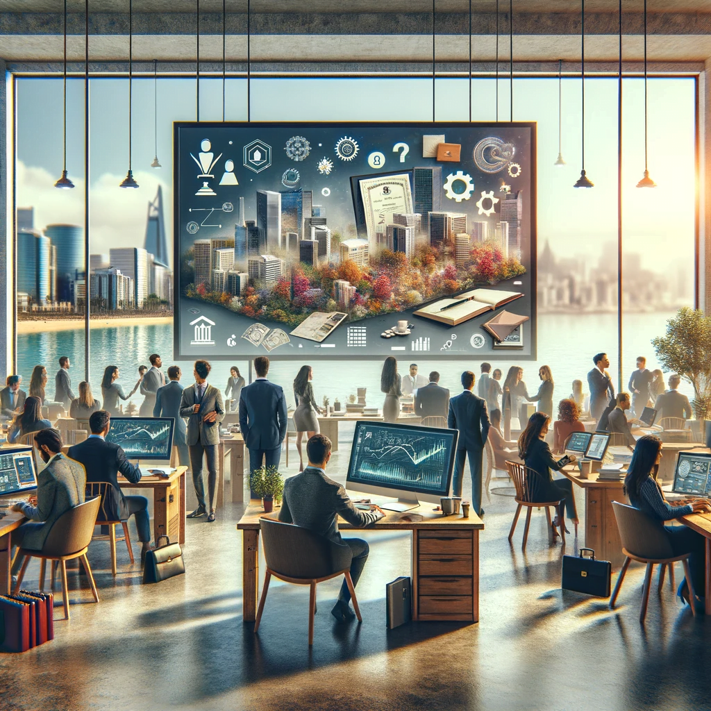 Hyper-realistic digital artwork showcasing a diverse group of professionals in a vibrant and welcoming workspace, with the Portuguese coastline visible through large windows. Elements like a diploma, a Portuguese residency card, and digital devices with graphs and codes subtly highlight the opportunities for highly skilled workers in Portugal. The scene, rendered in neutral and positive colors, evokes hope and calmness, symbolizing career development and professional networking in Portugal.