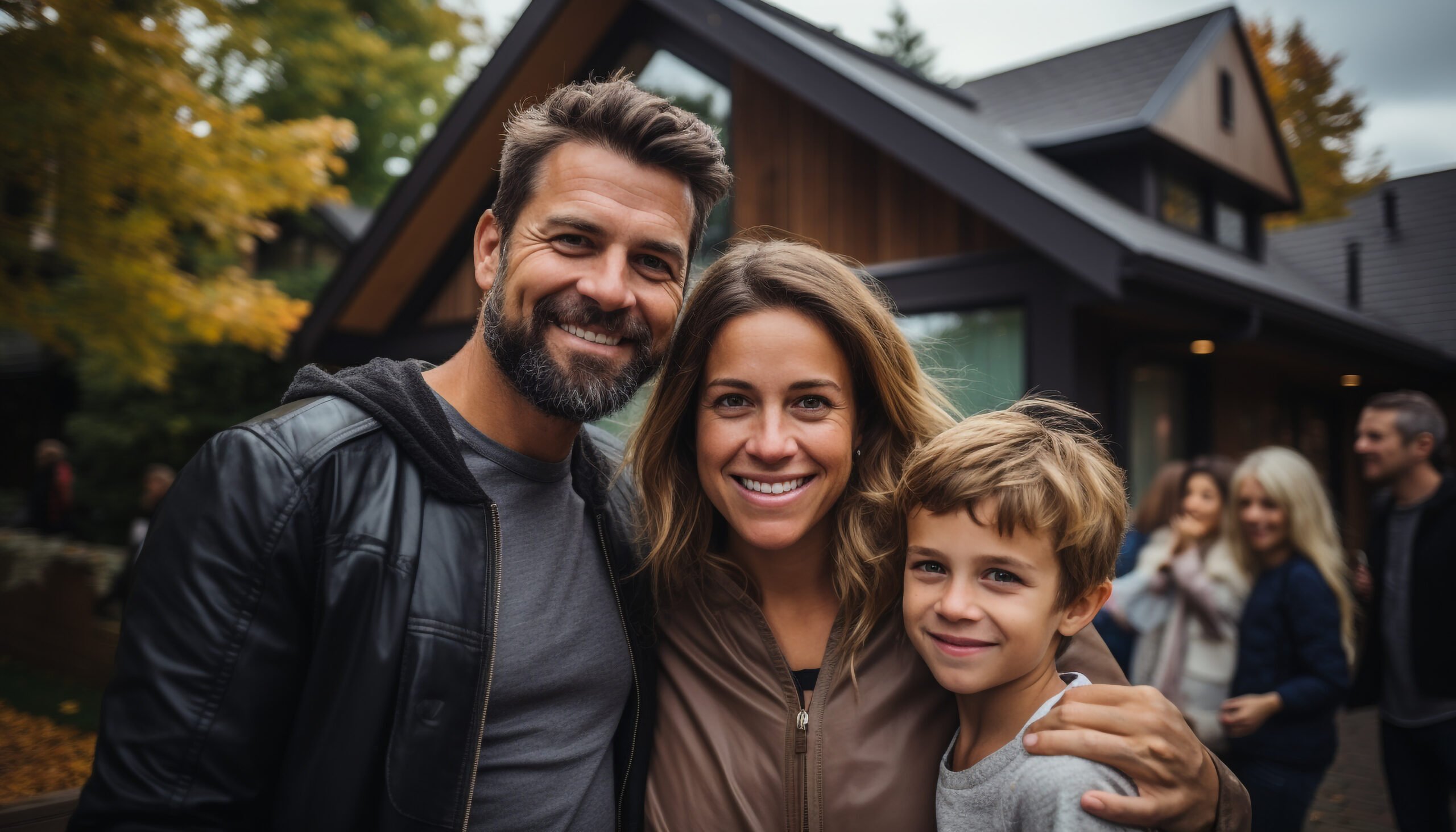 Smiling family outdoors embracing nature enjoying vacations looking at camera generated by artificial intelligence