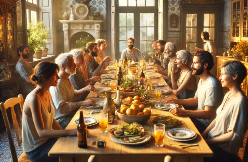 Hyper-realistic 8K ultra-HD digital artwork of a warm and inviting table set for a casual dinner party in a charming Portuguese house. Friends and family enjoy conversation and a meal amidst traditional Portuguese decor, creating a relaxed and welcoming atmosphere.