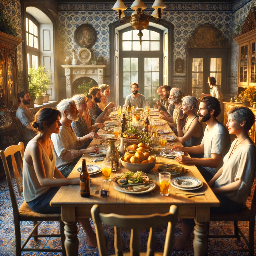 Hyper-realistic 8K ultra-HD digital artwork of a warm and inviting table set for a casual dinner party in a charming Portuguese house. Friends and family enjoy conversation and a meal amidst traditional Portuguese decor, creating a relaxed and welcoming atmosphere.