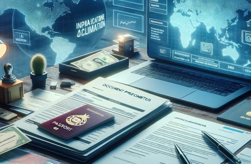 Digital artwork showcasing a desk with documents prepared for a bank application in Portugal, including a passport, utility bill, employment letter, and tax identification card, with a laptop open to a bank's website and a world map in the background, symbolizing the global aspect of banking.