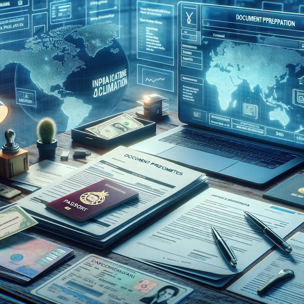 Digital artwork showcasing a desk with documents prepared for a bank application in Portugal, including a passport, utility bill, employment letter, and tax identification card, with a laptop open to a bank's website and a world map in the background, symbolizing the global aspect of banking.