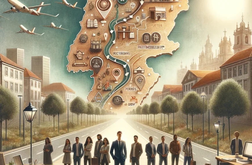 Digital masterpiece depicting the entrepreneurial journey in Portugal with a map backdrop, showing a path from Lisbon to Porto. Icons along the path symbolize steps to establish a sole proprietorship, with a diverse group of individuals at the start, embodying the start of their business ventures.