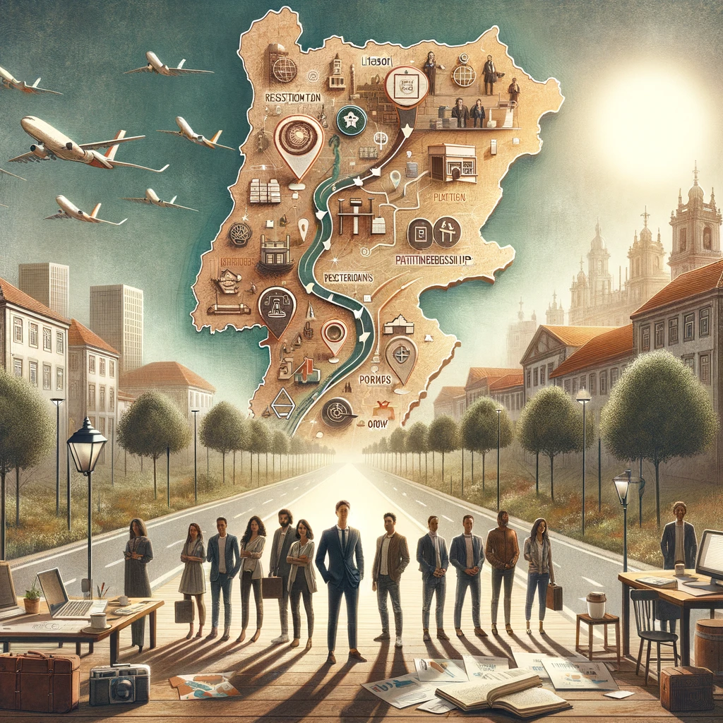 Digital masterpiece depicting the entrepreneurial journey in Portugal with a map backdrop, showing a path from Lisbon to Porto. Icons along the path symbolize steps to establish a sole proprietorship, with a diverse group of individuals at the start, embodying the start of their business ventures.
