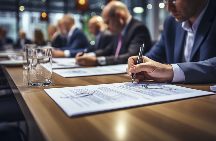 Close-up of business professionals in suits, signing documents at a conference table, with a glass of water in the foreground, highlighting a formal business meeting setting.