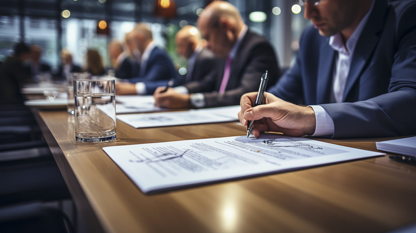 Close-up of business professionals in suits, signing documents at a conference table, with a glass of water in the foreground, highlighting a formal business meeting setting.