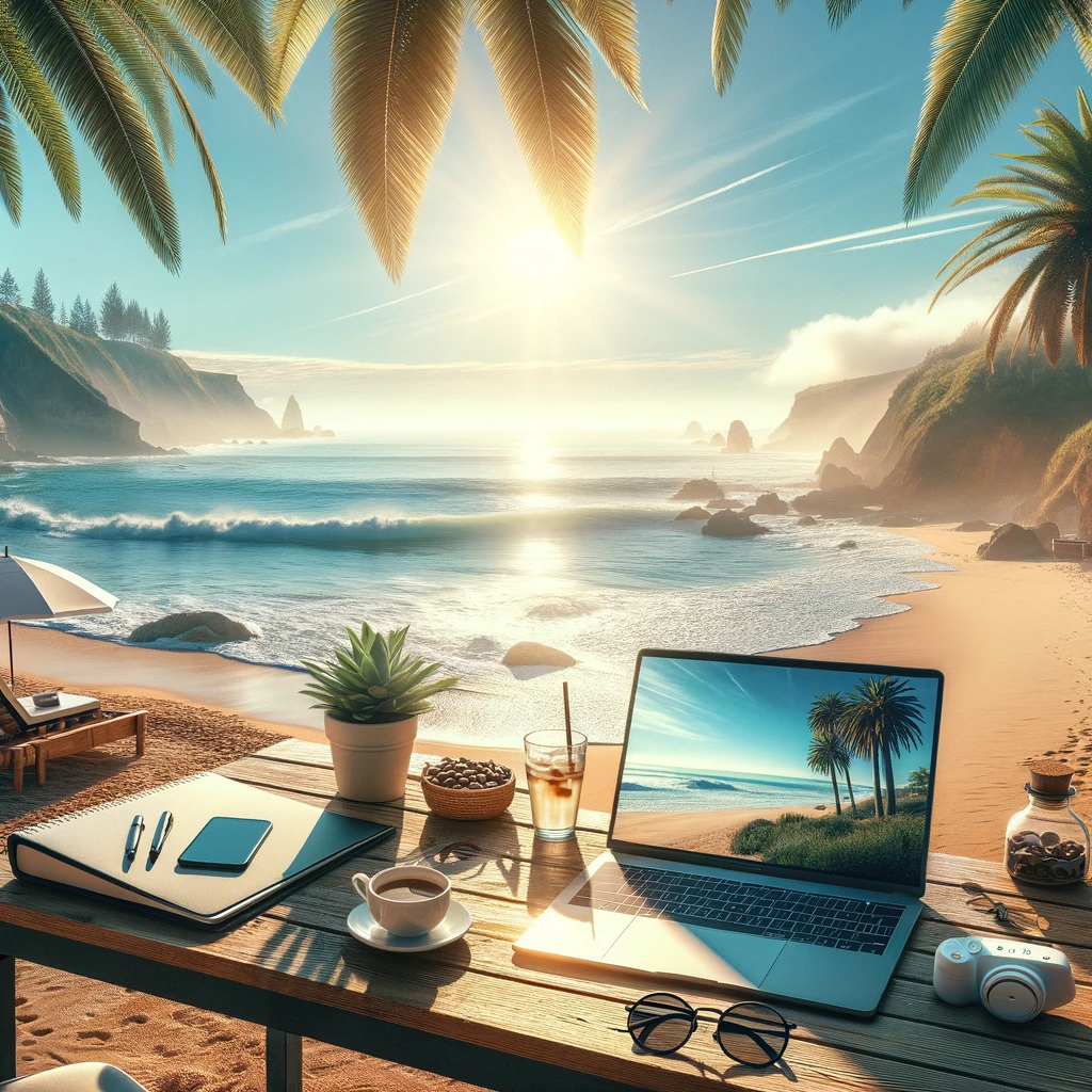 Digital masterpiece depicting a serene beach in Portugal with a remote work setup, including a laptop and a cup of coffee on a table, symbolizing the freedom of working from anywhere. The sunny beach scene with palm trees and gentle waves highlights the allure of the Portuguese lifestyle for digital nomads and remote workers under the Portugal D1 Work Visa.