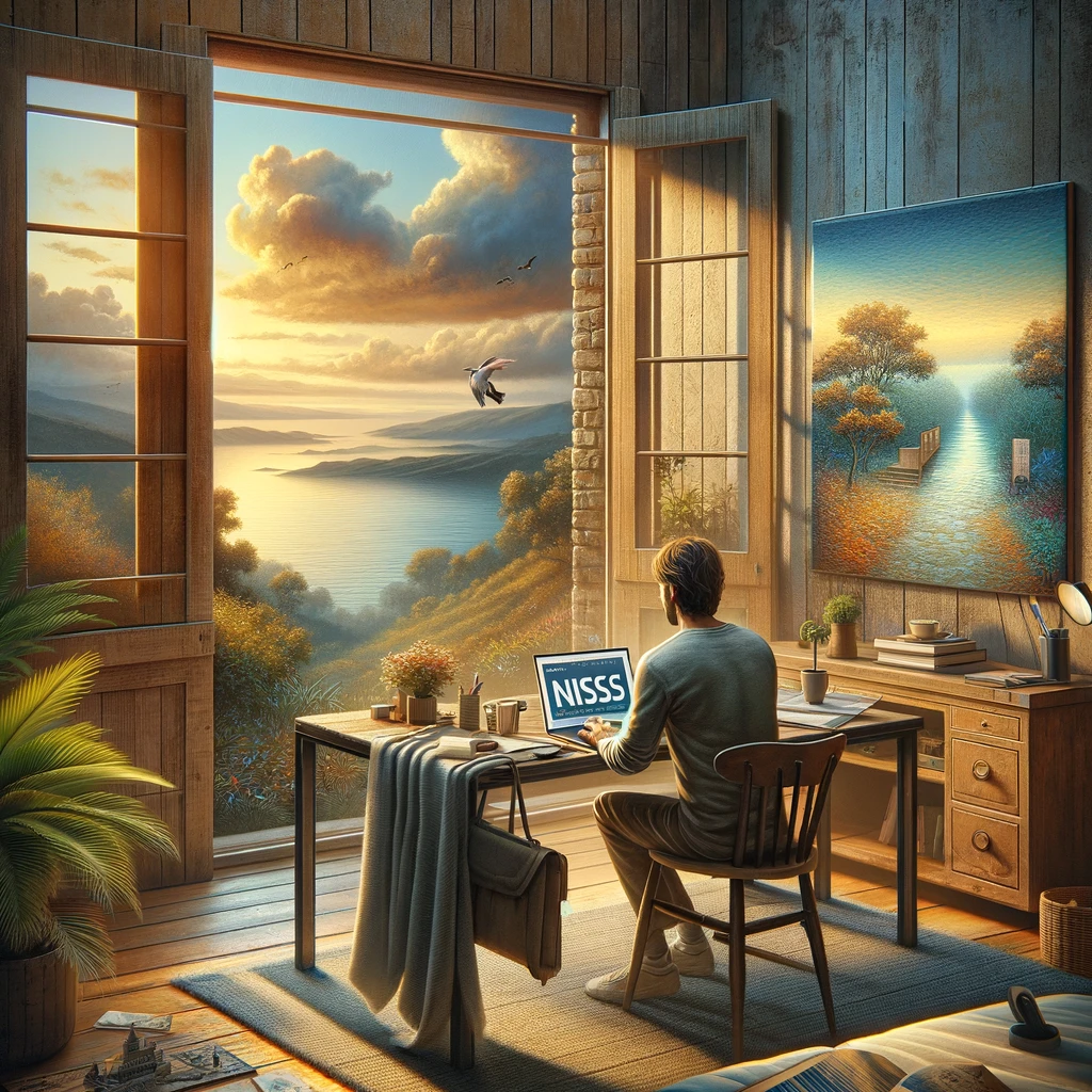 Digital masterpiece depicting 'The Remote Worker's Dream' with a person at a laptop in a cozy home office, scenic ocean or mountain view outside, symbolizing work flexibility in Portugal with a NISS number displayed