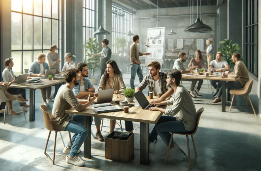 A diverse group of entrepreneurs engaged in a lively discussion in a modern coworking space, surrounded by laptops, documents, and collaborative tools, exuding energy and innovation.