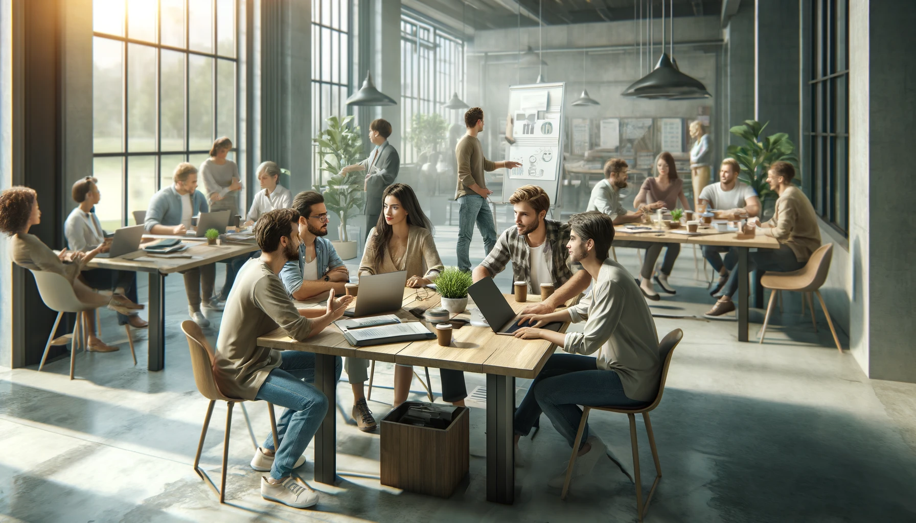 A diverse group of entrepreneurs engaged in a lively discussion in a modern coworking space, surrounded by laptops, documents, and collaborative tools, exuding energy and innovation.