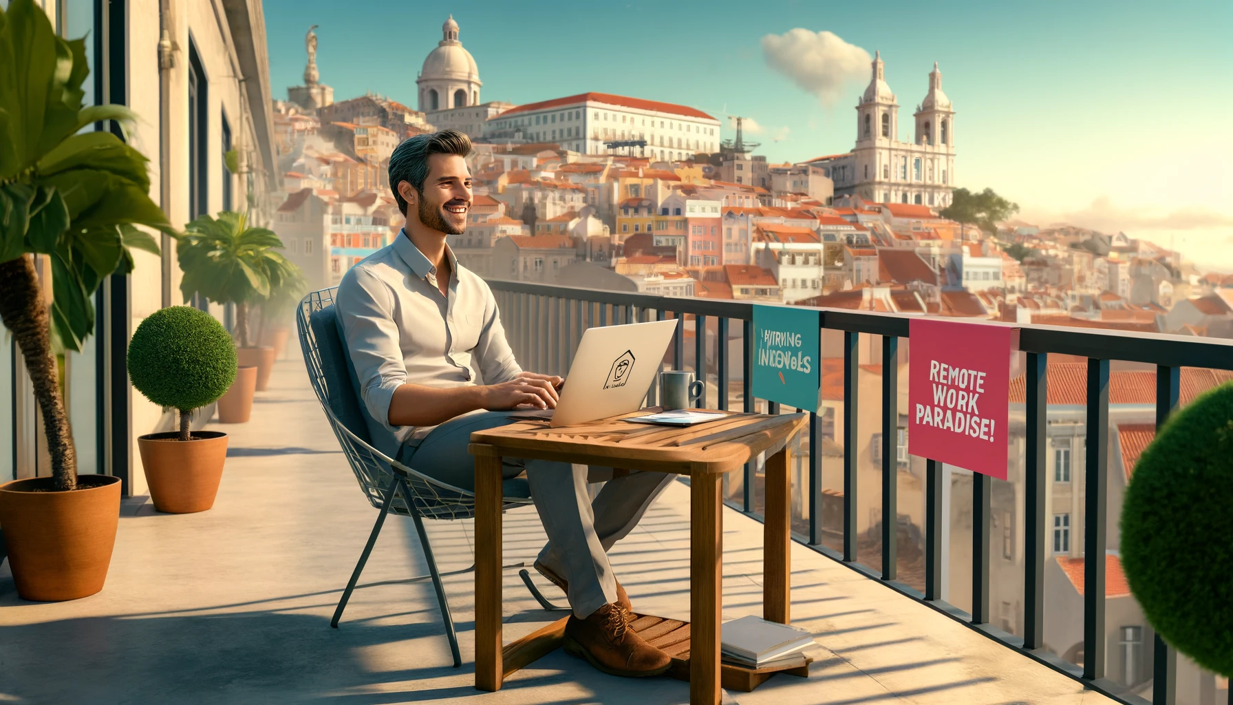 Photorealistic depiction of a remote worker on a sunny terrace in Lisbon, Portugal, with iconic landmarks in the background, a banner reading "Hiring in Portugal," and a speech bubble stating "Remote Work Paradise!"