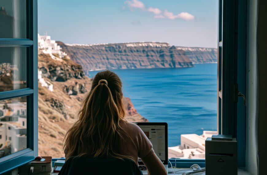 a woman sitting at a desk looking at a large body of water