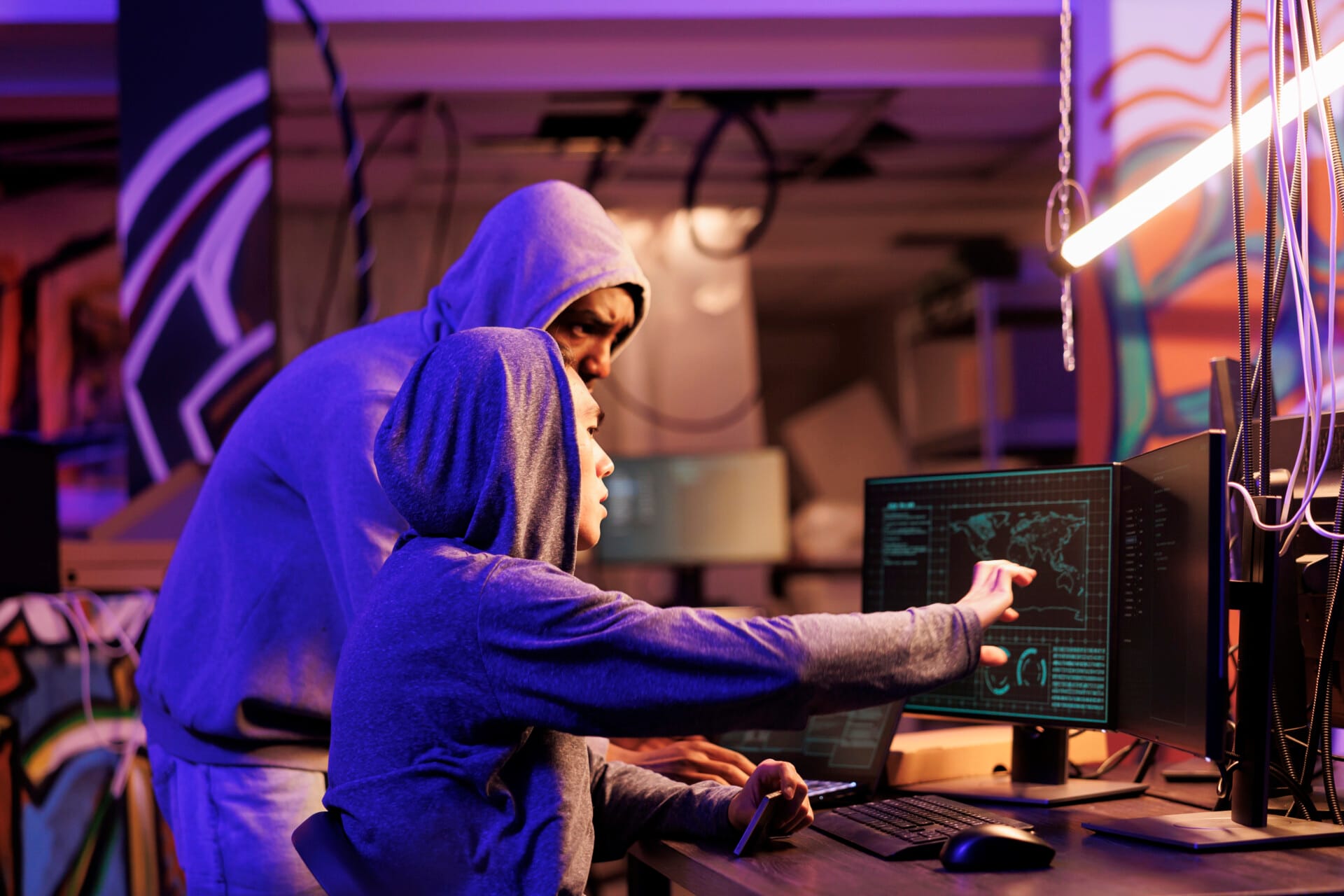 a man in a hoodie pointing at a computer screen