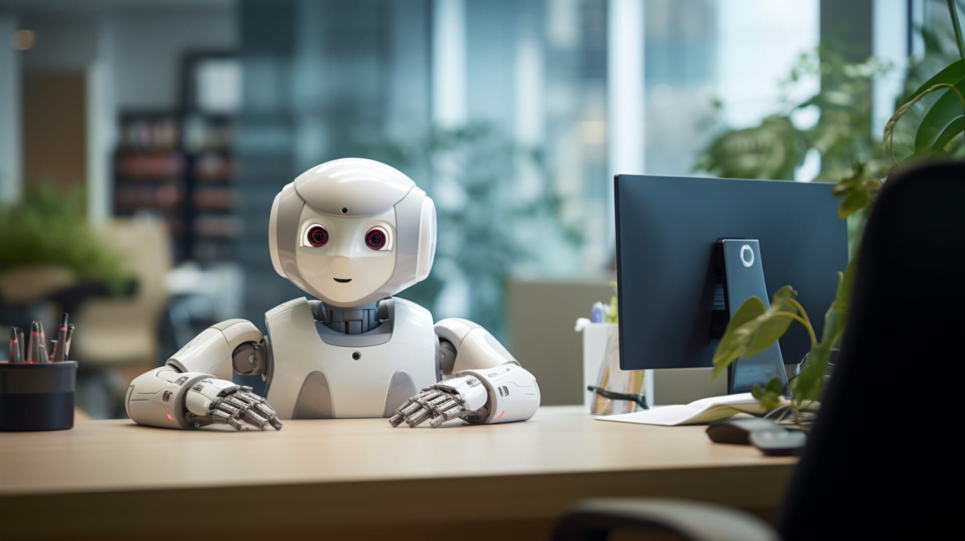 a robot sitting at a desk